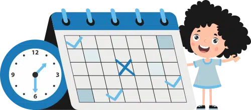 Desenho de menina ao lado de um calendário, representando os horários flexíveis oferecidos pela escola online de programação para crianças Learn2Code, facilitando a conciliação com outras atividades