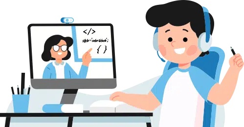 Desenho mostrando aluno e professora interagindo virtualmente na escola online de programação para crianças Learn2Code, promovendo aprendizado colaborativo e envolvente no mundo digital