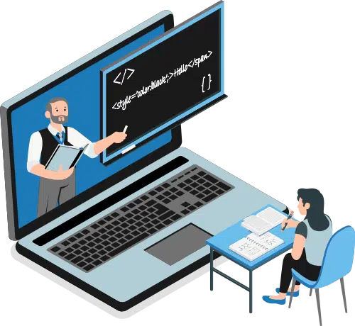 Desenho de aluna ouvindo atentamente seu professor virtual na escola online de programação para crianças Learn2Code, destacando a alta capacitação e experiência dos educadores no ensino de tecnologia