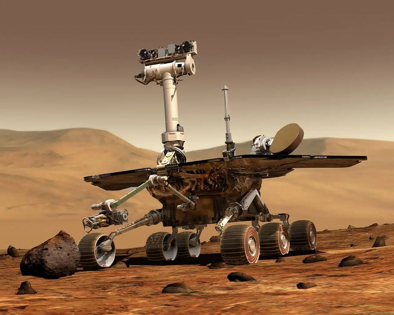 Robô explorador espacial ou rover em um ambiente espacial, como a superfície de Marte